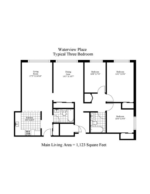 Floor plan for 3 beds, 2 baths, 1123 sqft
